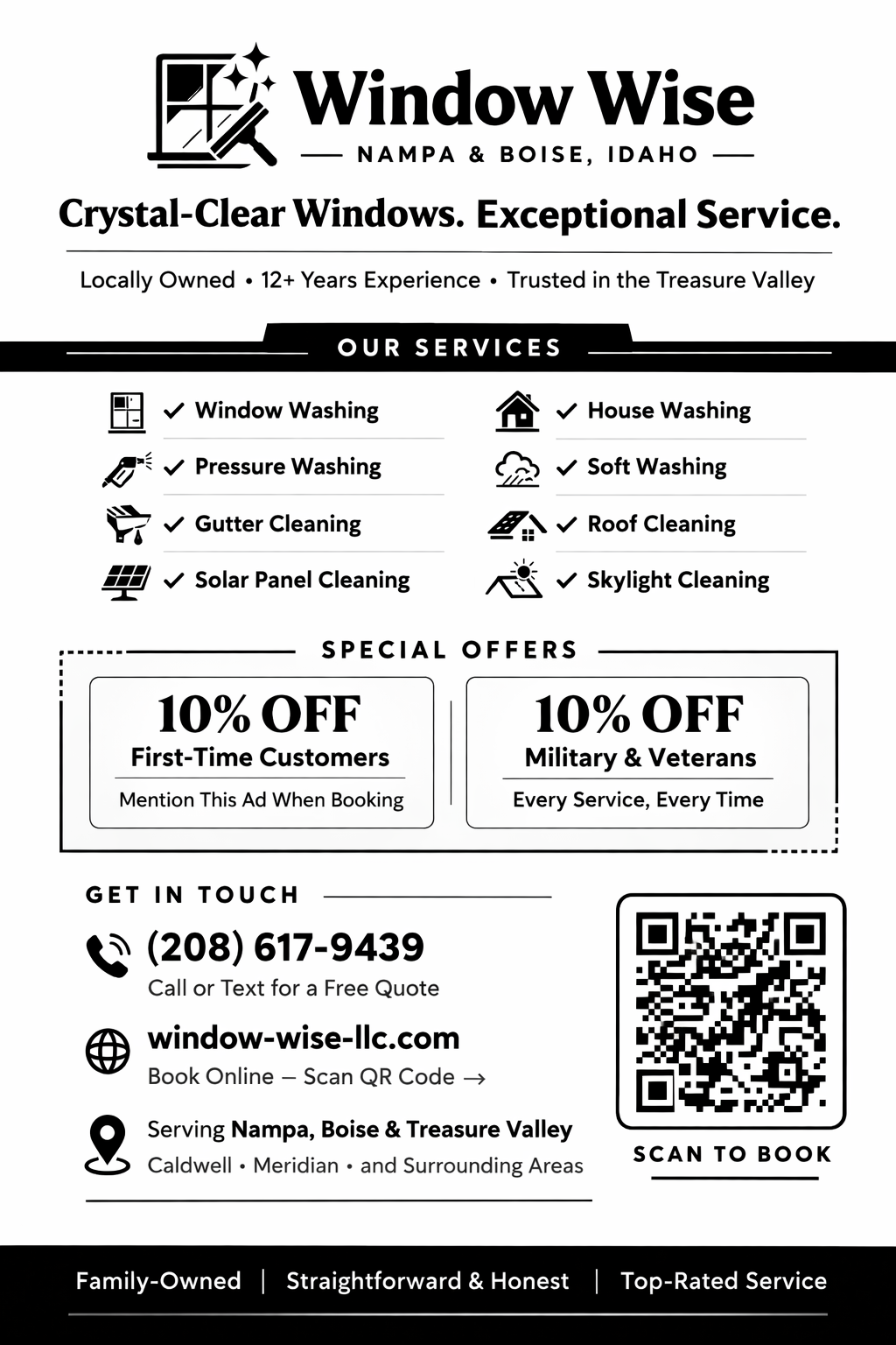 Window Wise flyer — professional window cleaning, pressure washing, gutter cleaning, roof cleaning, solar panel cleaning, and skylight cleaning in Nampa, Boise & Treasure Valley, Idaho. 10% off first-time customers and military veterans. Call (208) 617-9439.